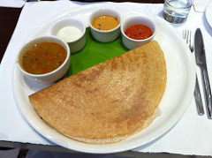 Dosa, sambar, and chutney for breakfast