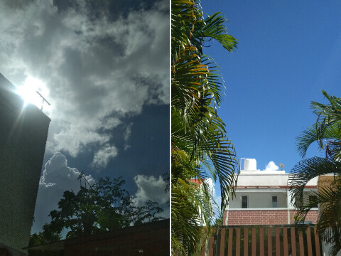 Dark clouds pass, revealing clear. bright blue sky.